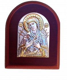 Икона Божьей Матери Семистрельная (4х5,6 см в серебре, золотой декор)
